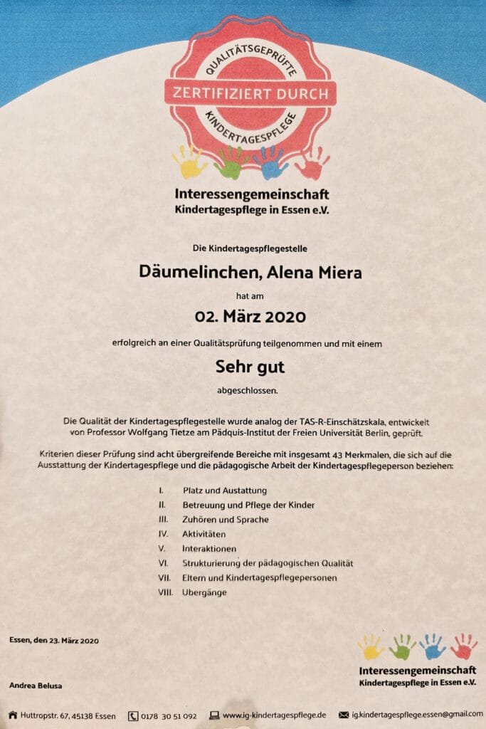 Zertifikat Interessengemeinschaft Kindertagespfelege in Essen e.V